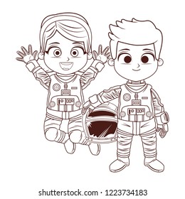 Happy astronaut kids in black and white