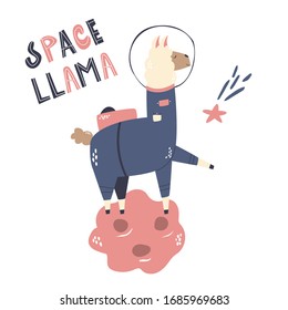 Happy astronaut llama in a spacesuit and helmet. Lettering text SPACE LLAMA