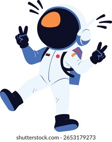 Happy astronaut making double peace signs in space, cheerful cartoon pose for celebratory, youth-themed, or space exploration design content.