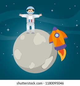happy astronaut man and rocket in the moon