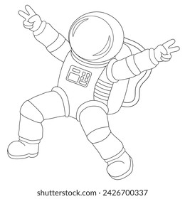 Happy astronaut with open arms making a v sign with two fingers up. Victory hand. Vector illustration for coloring book, worksheet, print. Black and white.