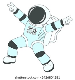 Astronauta feliz con los brazos abiertos haciendo una señal en V con dos dedos hacia arriba. Mano de la victoria. Ilustración vectorial.