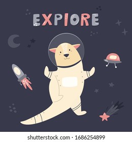 Happy astronaut otter floating in space with moon, rocket, stars and ufo. Lettering text Explore. Design of adorable animal