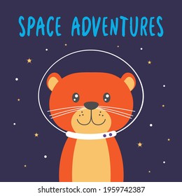 happy astronaut otter floating in space with stars, Lettering text space adventures, design of adorable animal