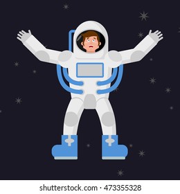 Happy astronaut in outer space. Good cheerful spaceman. diving suit