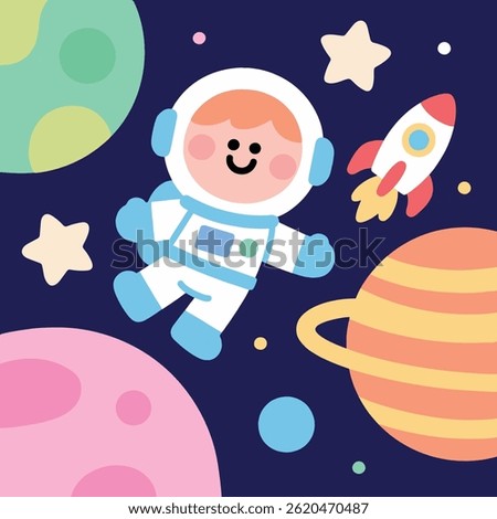 Happy Astronaut in Outer Space with Planets and Rocket – Cute Cartoon Illustration