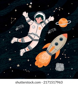 Happy astronaut in outer space. Smiling character in spacesuit flies between planets, stars, rocket and other celestial bodies. Child exploring universe or cosmos. Cartoon flat vector illustration