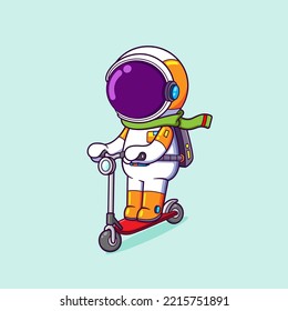 The happy astronaut is playing and driving the scooter on the road of illustration