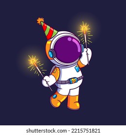 The happy astronaut is playing the firework on the night of the new year of illustration