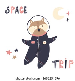 Happy astronaut raccoon in a spacesuit and helmet. Lettering text SPACE TRIP