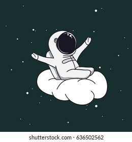 Happy astronaut rejoices and playing on cloud.Childish vector illustration