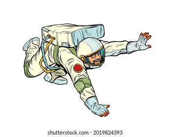 Astronauta feliz en la ingravidez, el espacio exterior. Aislar sobre un fondo blanco
