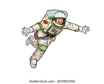 Happy astronaut in weightlessness, outer space. Isolate on a white background