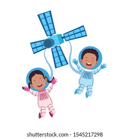 happy astronauts and satellite icon over white background, vector illustration