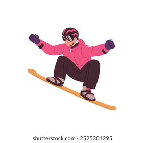 Feliz atleta em roupa exterior snowboarding em estância de esqui. Profissional cavaleiro no capacete faz truques, acrobacias, saltando com prancha de neve. Esporte de inverno extremo. Ilustração de vetor isolado plano em branco