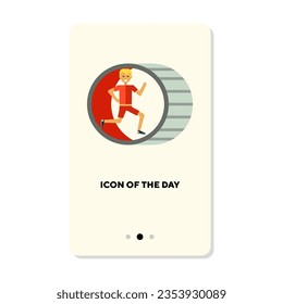 Happy athlete running in wheel flat vector icon. Cartoon drawing of fitness studio equipment for workout isolated vector illustration. Sport, fitness and health concept for web design and apps