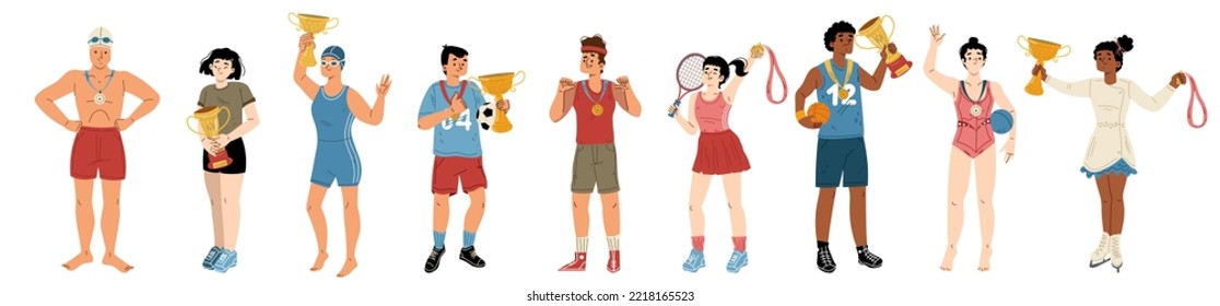 Happy athletes winners in sport competition with gold medals and cups. Diverse sportsmen, soccer, tennis and basketball players, swimmers, skater and runners, vector hand drawn illustration