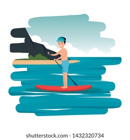 happy athletic boy practicing surf in the sea