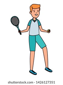 happy athletic boy with racket practicing tennis