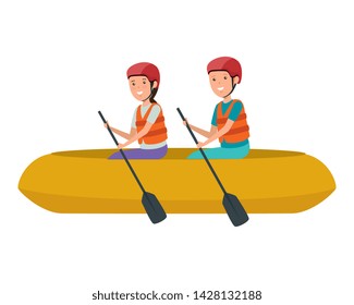 happy athletic couple in kayak characters