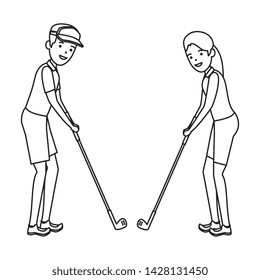 happy athletic couple practicing golf
