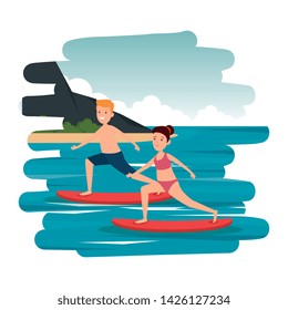 happy athletic couple practicing surf in the sea