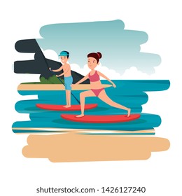 happy athletic couple practicing surf in the sea