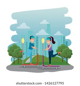happy athletic couple in skateboard on the park
