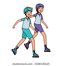 happy athletic couple in skates