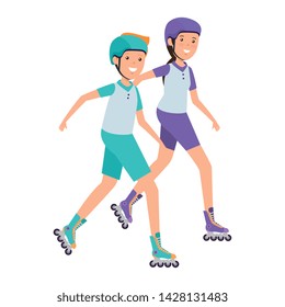 happy athletic couple in skates