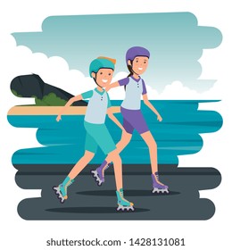 happy athletic couple in skates on the beach