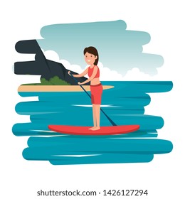 happy athletic girl practicing surf in the sea