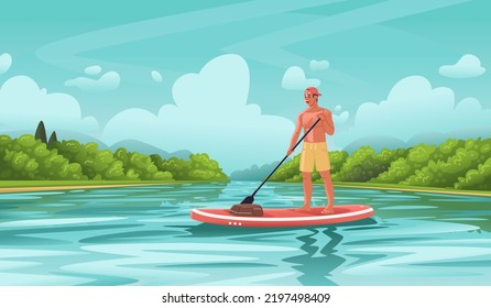 Un feliz atlético sostiene un remo en las manos y se para en una tabla de sup. Descanso activo de verano en el mar o río. Embarcadero. Ilustración vectorial en estilo plano