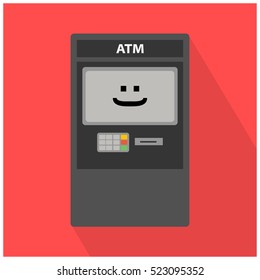 Happy ATM Automated Teller Machine (Vector Illustration Design with Long Shadow)