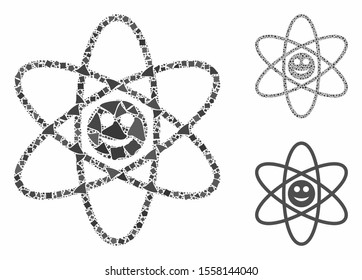 Happy atom composition of uneven pieces in variable sizes and color tinges, based on happy atom icon. Vector raggy pieces are organized into collage. Happy atom icons collage with dotted pattern.