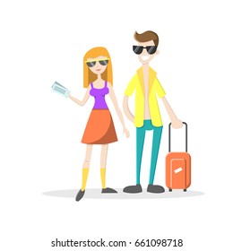 Happy attractive couple on summer vacation. Man with suicase and woman holding tickets. Vector illustration. Cartoon style. Flat character isolated on white.