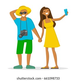 Happy attractive couple on summer vacation. Smiling man with camera and a girl making selfie. Vector illustration. Cartoon style. Flat character isolated on white.