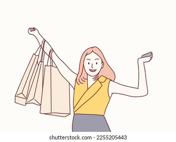 Happy attractive exited young woman carrying shopping bags simple korean style illustration