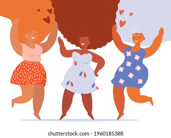 Happy attractive fat girls, women with long hair of different races are happy, laughing, dancing. The concept of self-acceptance, self-love, body positivity and feminism. Vector graphics.