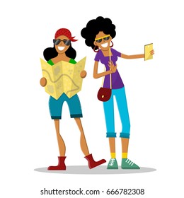 Happy attractive girls on summer vacation. A woman with map and a girl making selfie. Vector illustration. Cartoon style. Flat character isolated on white.