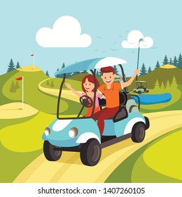 Happy Attractive Smiling Couple of Young Man and Woman Driving Golf Cart Across Green on Beautiful Landscape Background. Guy Holding Golf Club. Family Sport, Leisure. Cartoon Flat Vector Illustration.