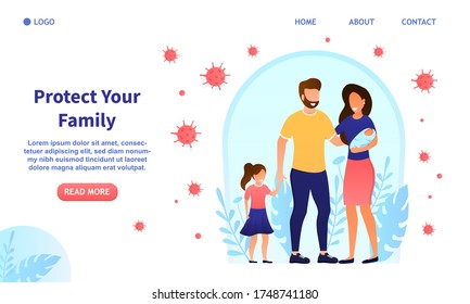 Happy attractive young family with kid and baby protected from viruses. The concept of family health or vaccination. Health safety. Prevention from diseases. Strong immunity. Flat Vector Illustration