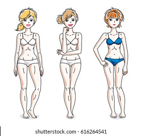 Felices y atractivas jóvenes paradas en un colorido bikini. Ilustraciones de vectores.