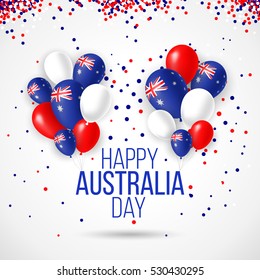 Happy Australia day 26 january festive background with flag, balloon, confetti, ribbon with national colors. Blue, red, white. Template design layout for card, banner, poster, flyer, card. Union jack