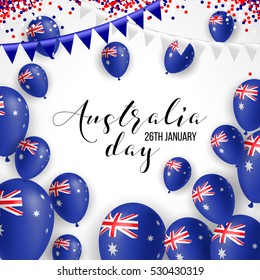 Happy Australia day 26 january festive background with flag, balloon, confetti, ribbon with national colors. Blue, red, white. Template design layout for card, banner, poster, flyer, card. Union jack