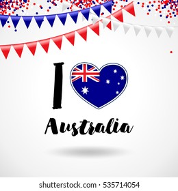 Happy Australia day 26 january festive background with flag, balloon, confetti, ribbon with national colors. Blue, red, white. Template design layout for card, banner, poster, flyer, card. Union jack