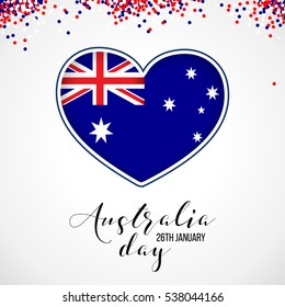 Happy Australia day 26 january festive heart with flag, balloon, confetti, ribbon with national colors. Blue, red, white. Template design layout for card, banner, poster, flyer, card. Union jack