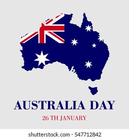 Happy Australia day 26 january. Flag shape of map. Greeting card, vector illustration.