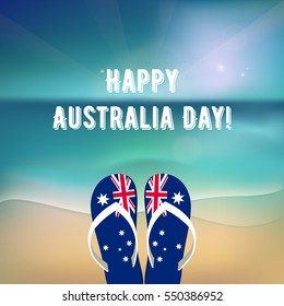 Happy Australia Day -  26 january. National Australia holiday, festival. Independence day. Poster with ocean landscape. Beach with flip-flops. Template for greeting card. Vector illustration