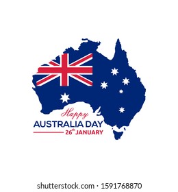 Happy Australia day 26th January lettering, map of Australia with flag vector illustration